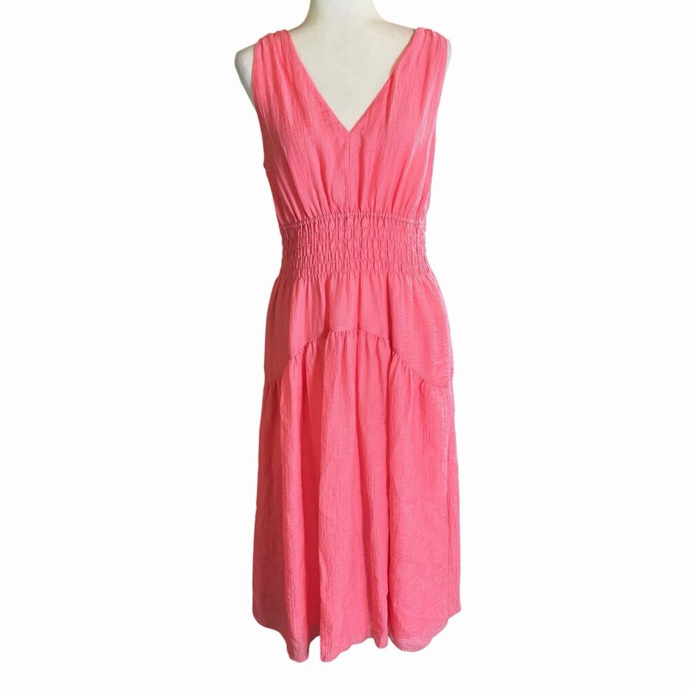 Vince Pink V-Neck Smocked Tiered A-Line Tank Maxi Dress M Pockets Bohemian NWOT